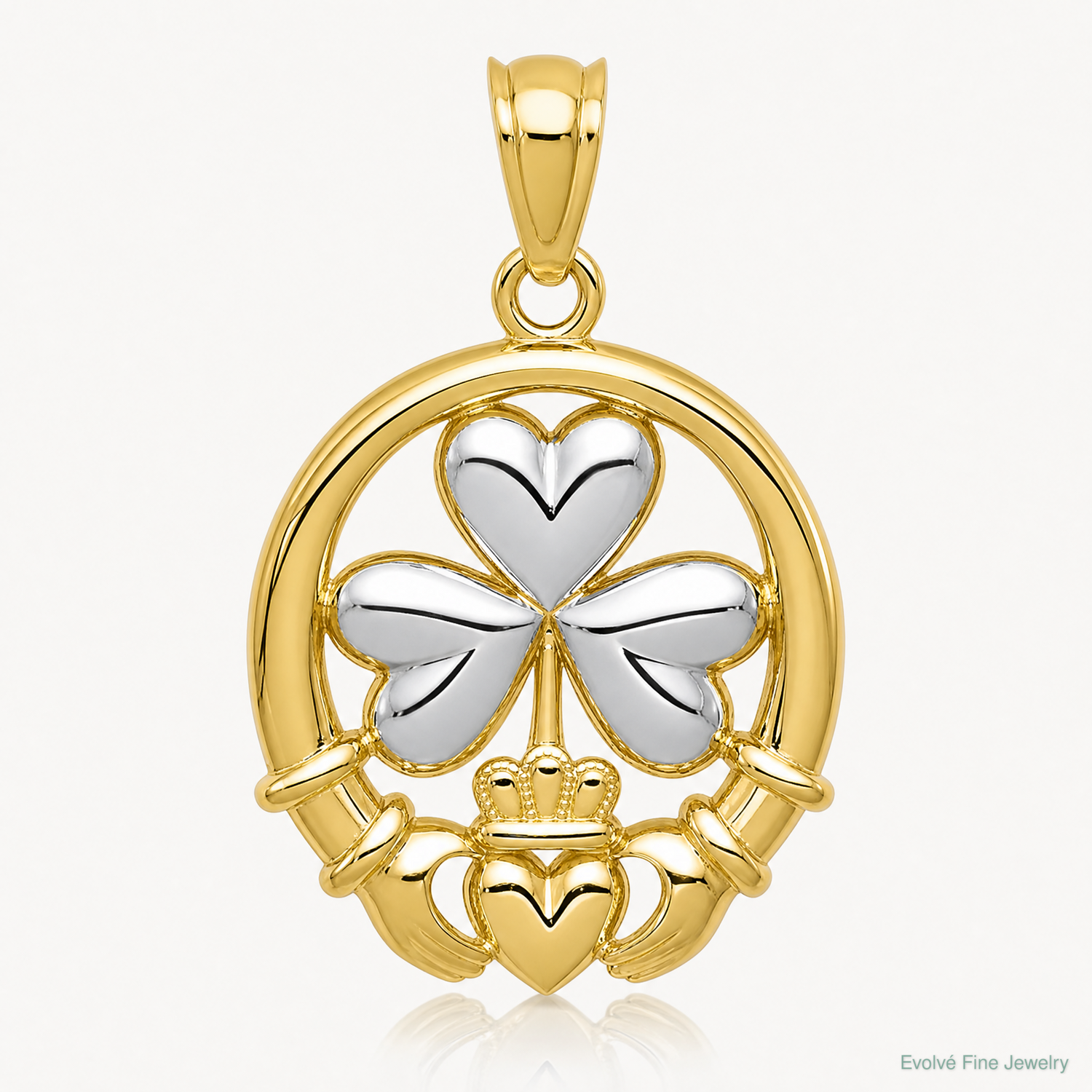 14k Rhodium-plated Shamrock and Claddagh Pendant - Lifestyle View