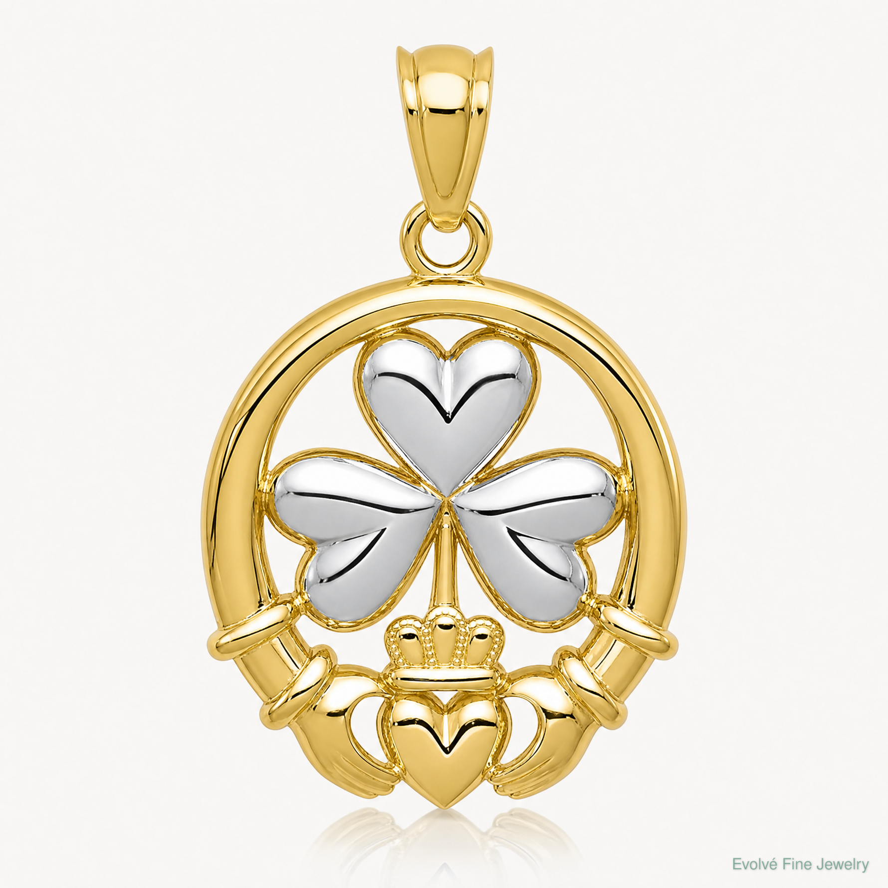 14k Rhodium-plated Shamrock and Claddagh Pendant - Lifestyle View