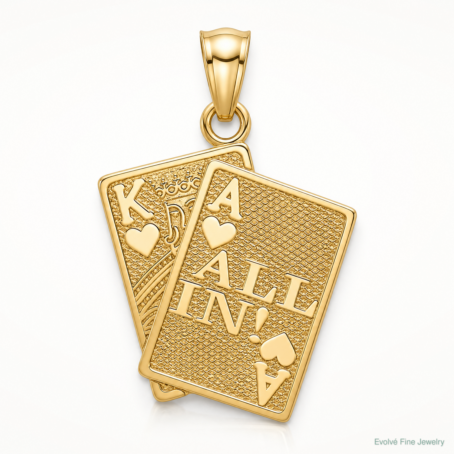 14k Ace of Hearts and King of Hearts ALL IN! Cards Pendant - Lifestyle View