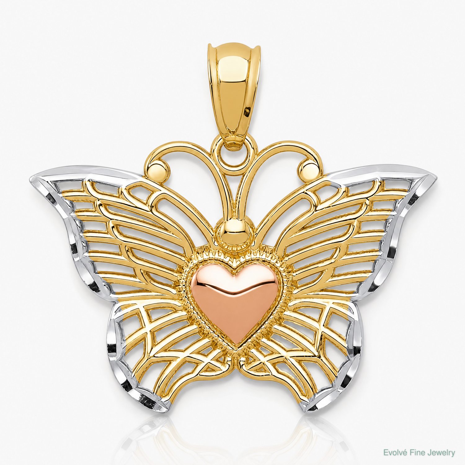 14k Two-tone w/White Rhodium Butterflyw/Heart Pendant - Lifestyle View