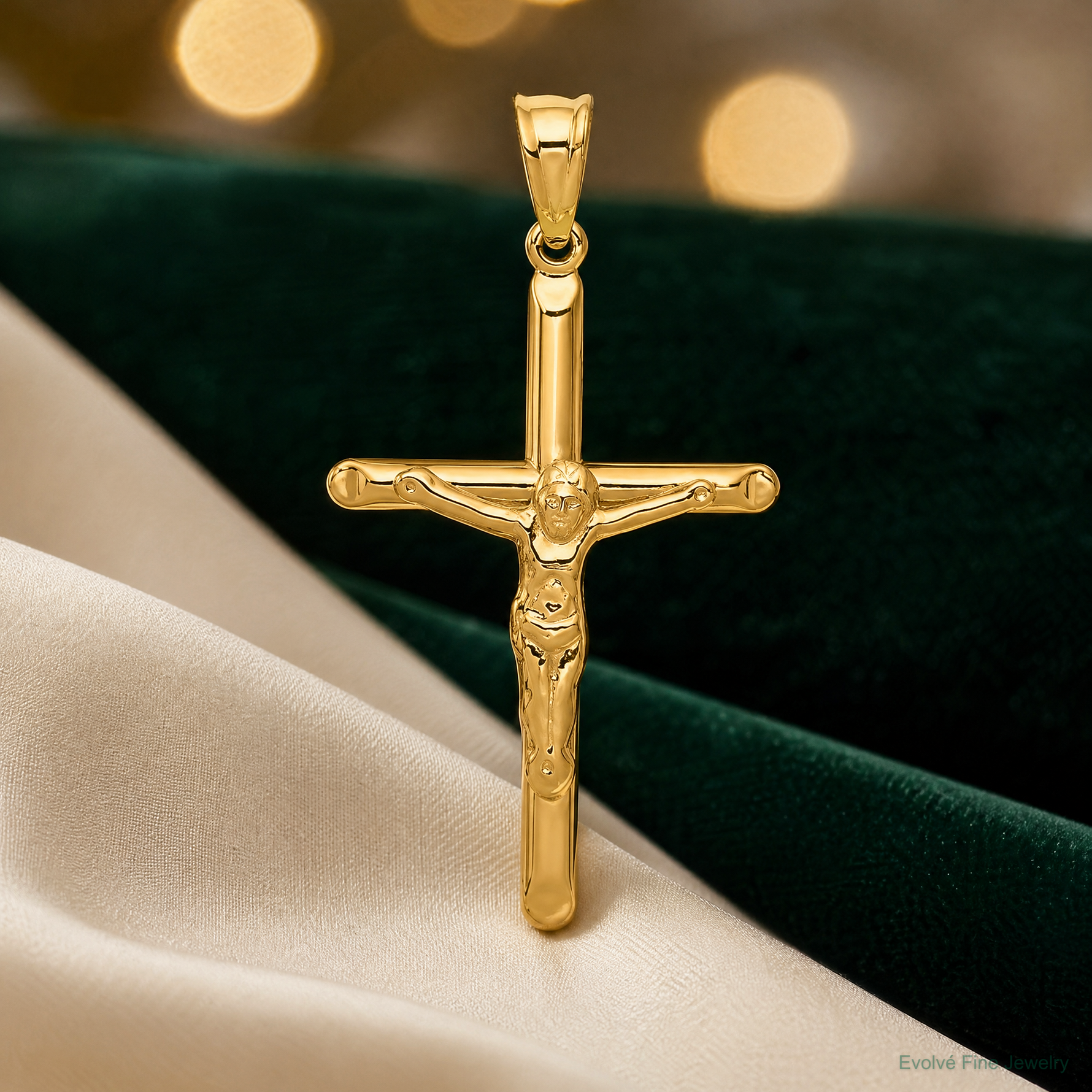 14k Polished Hollow Crucifix Pendant - Lifestyle View