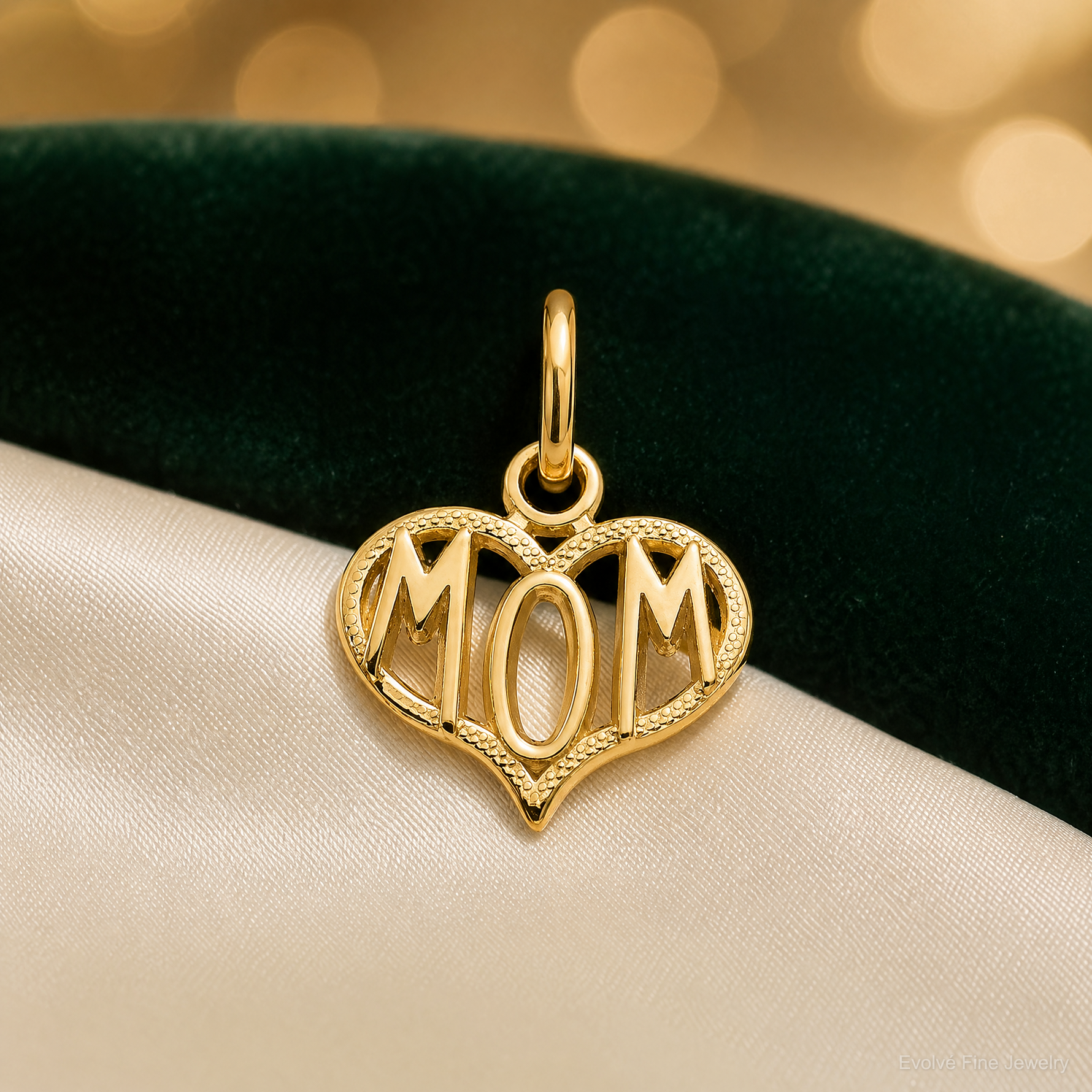 14k MOM Heart Charm - Lifestyle View