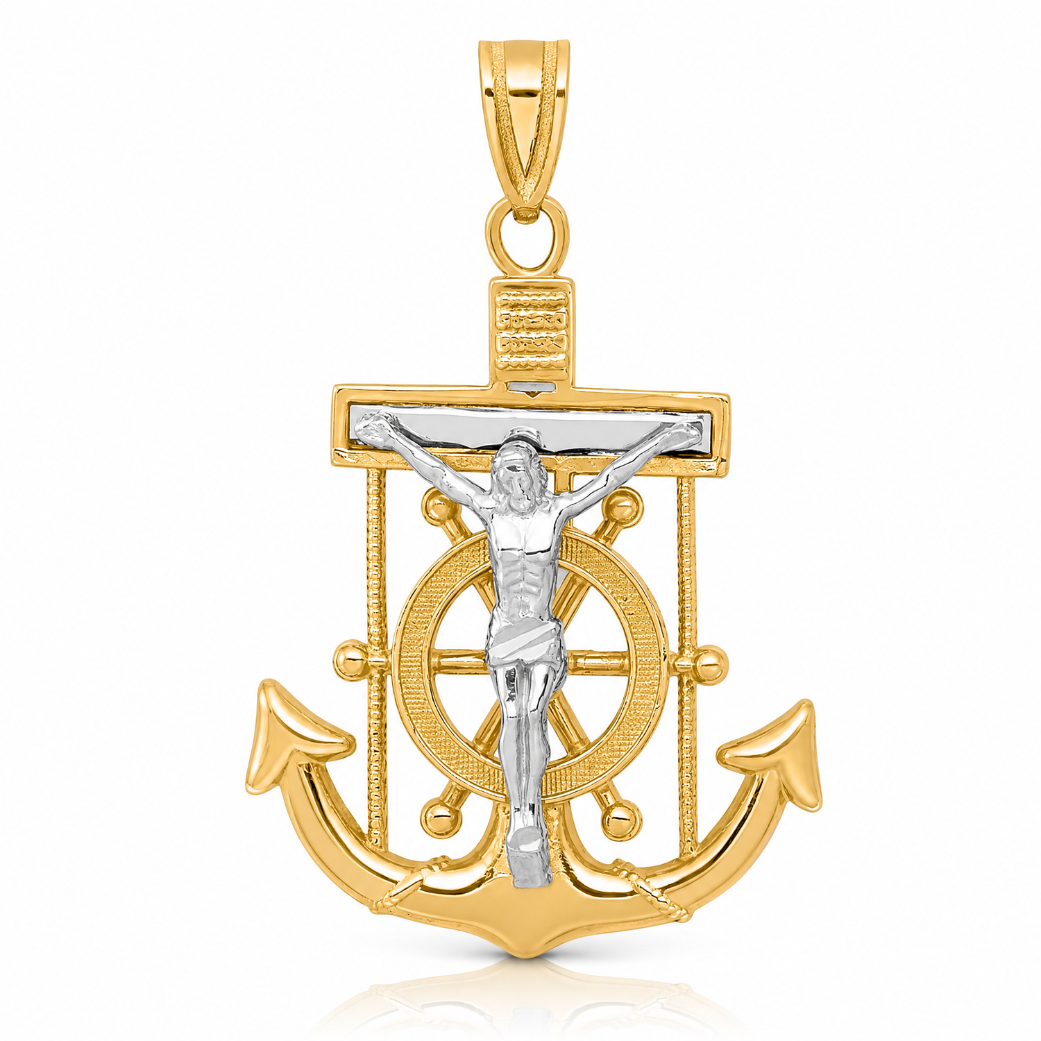 14k Two-tone Diamond-cut Mariner's Crucifix Pendant - Lifestyle View