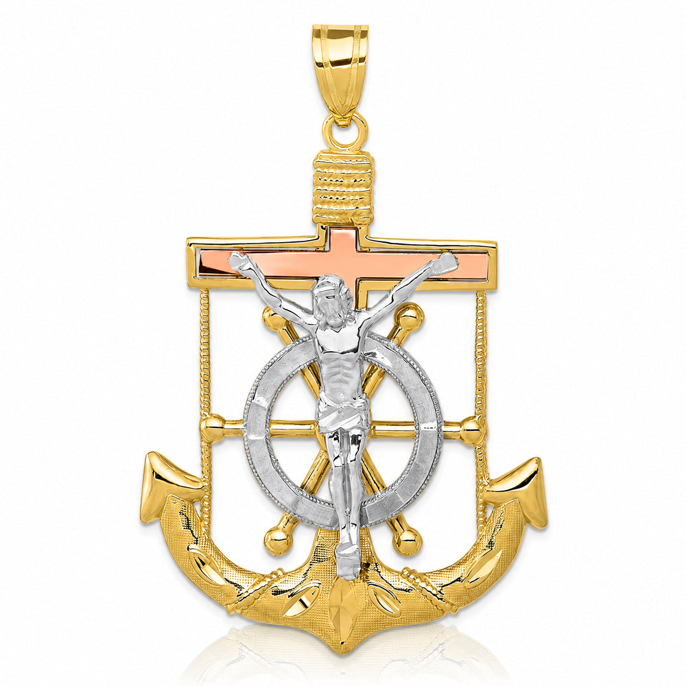 14K Tri-color Diamond-cut with Textured Mariner's Crucifix Pendant