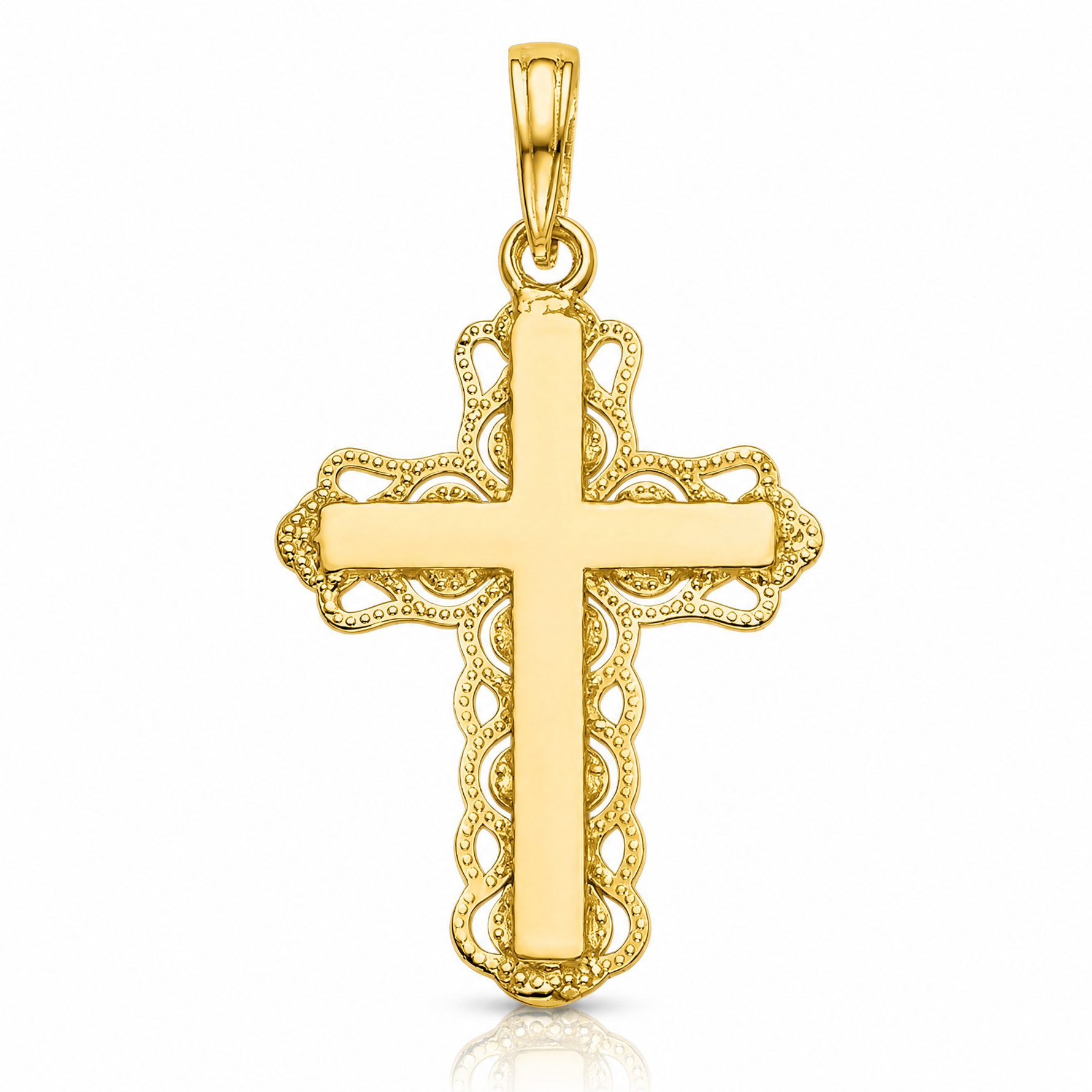 14K Lace Trim Cross Pendant - Lifestyle View