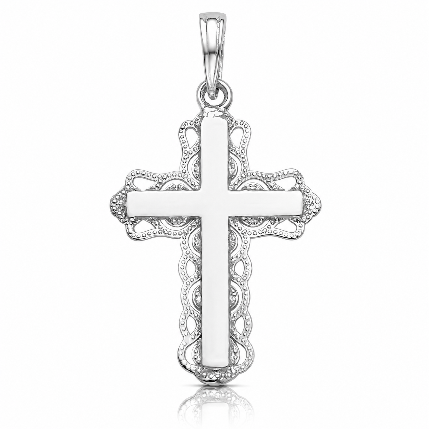 14K White Gold Lace Trim Cross Pendant - Lifestyle View