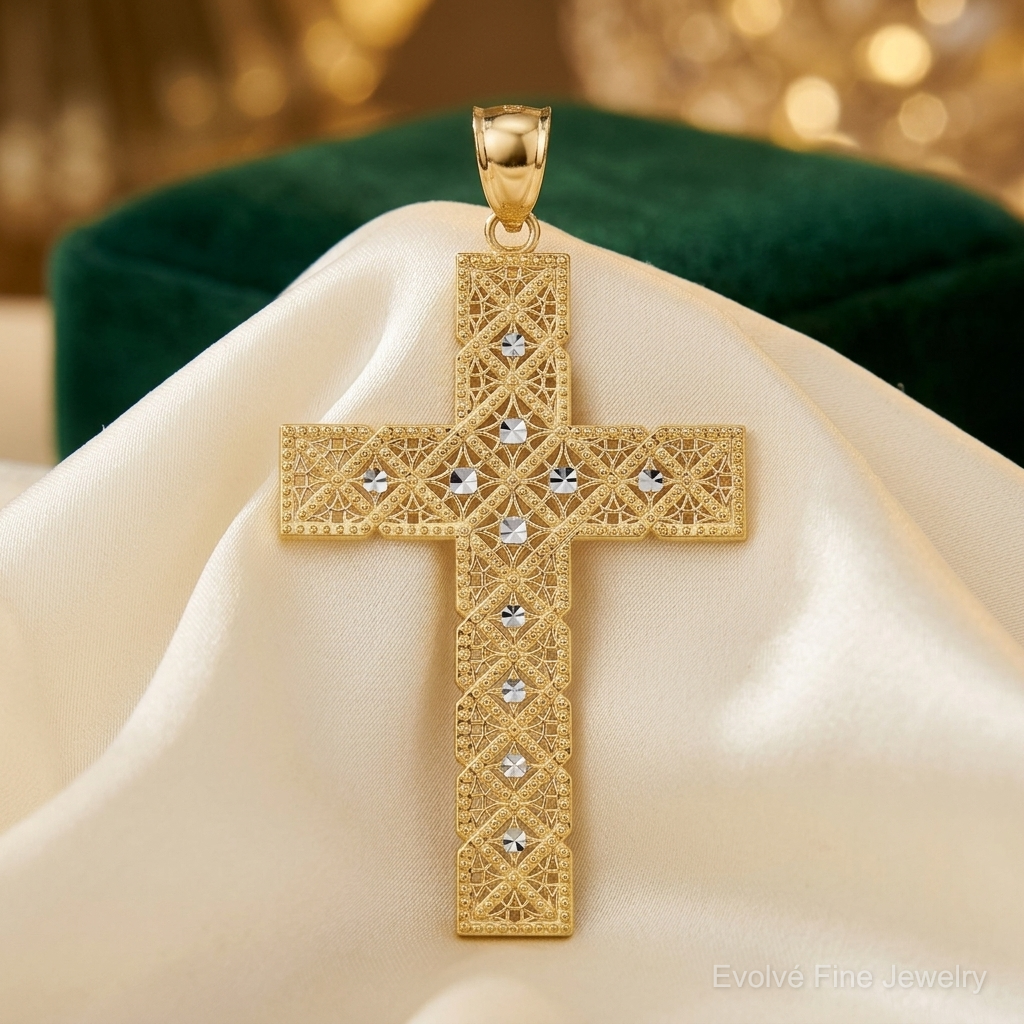 14K w/Rhodium Latin Cross Pendant - Lifestyle View