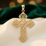 14K Lacey Budded Cross Pendant - Lifestyle View