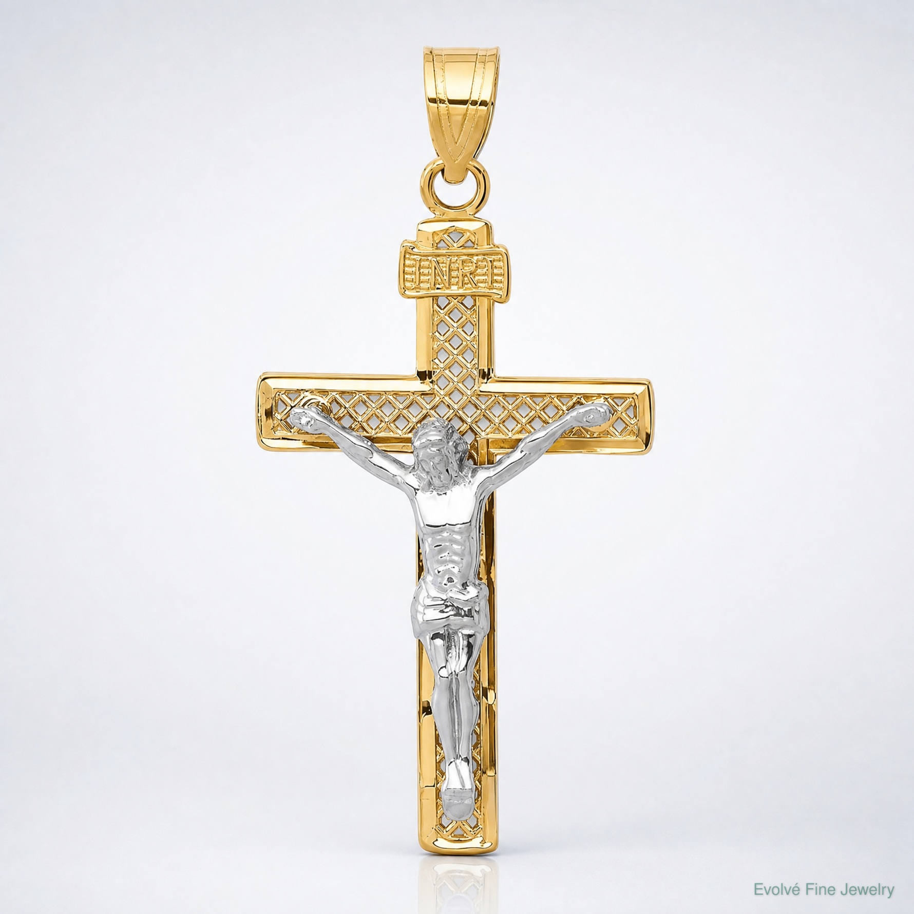 14K Two-tone Diamond-cut Lattice Cross w/Crucifix Pendant - Lifestyle View