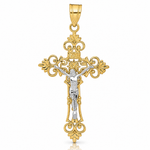 14K Two-Tone Large Lacy-Edge Inri Crucifix Pendant - Lifestyle View