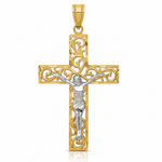 14K Two-Tone D/C Large Block Filigree Crucifix Pendant - Lifestyle View