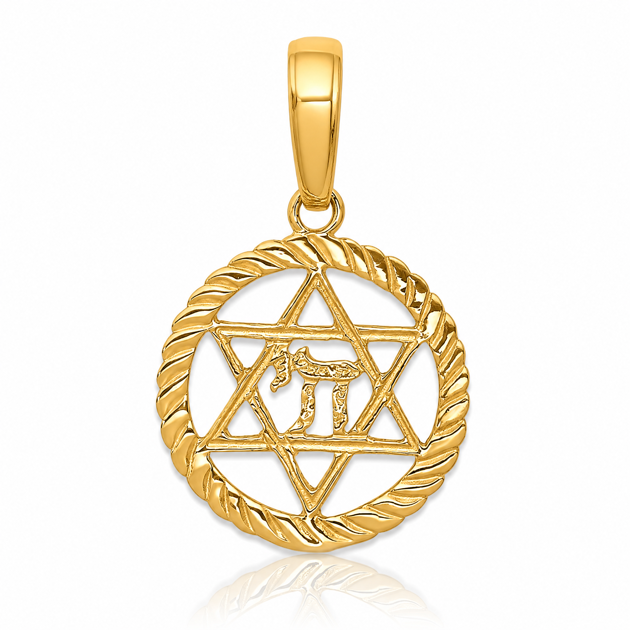 14K Star of David and Chai in Circle Pendant - Lifestyle View