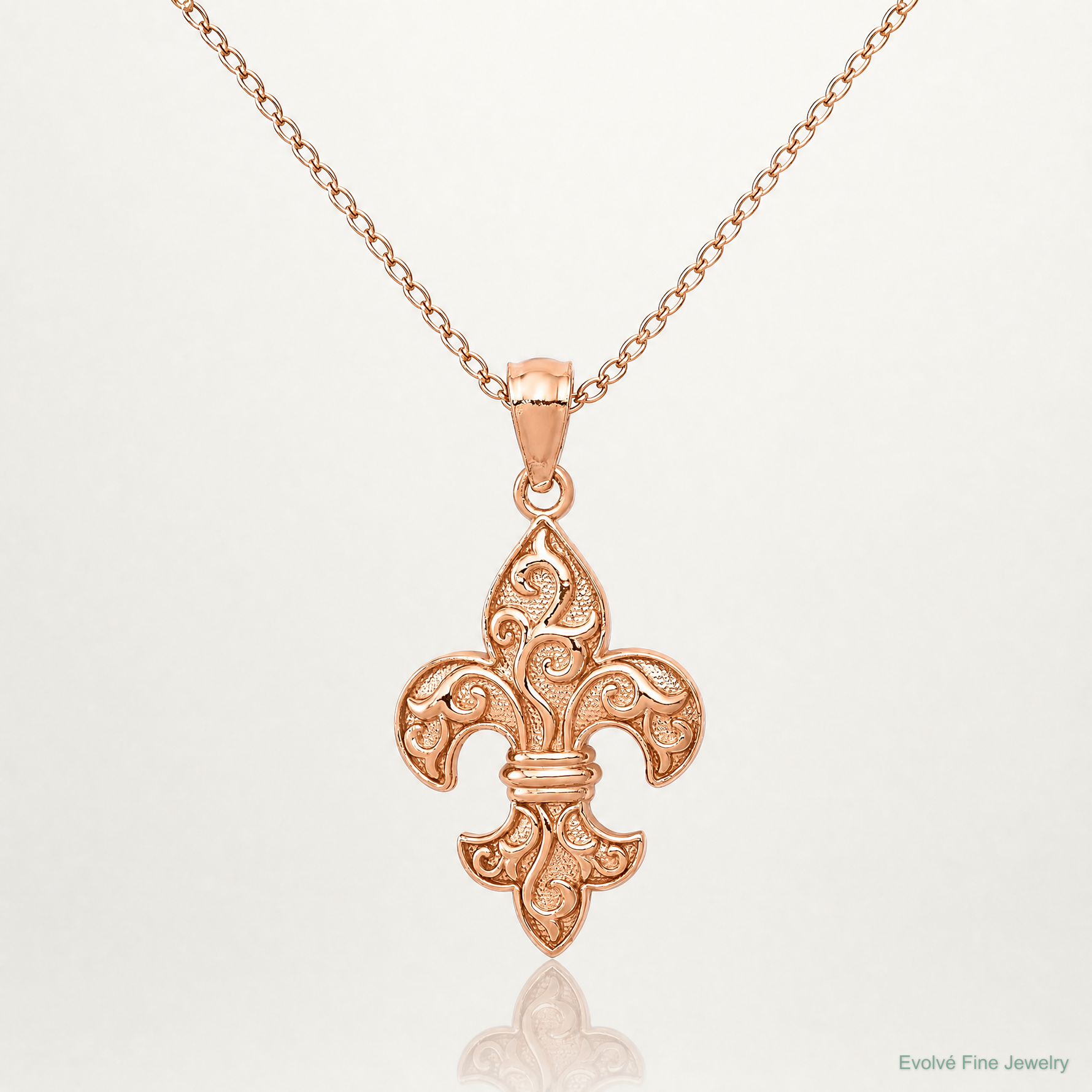 14k Rose Gold Fleur de lis Pendant - Lifestyle View