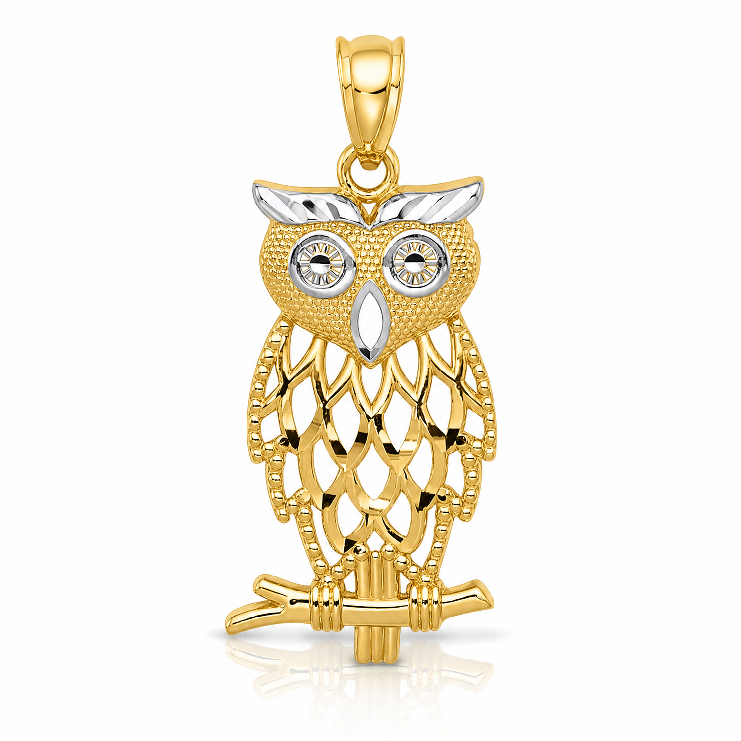 14k Yellow Gold Rhodium Diamond Cut Owl Pendant - Lifestyle View