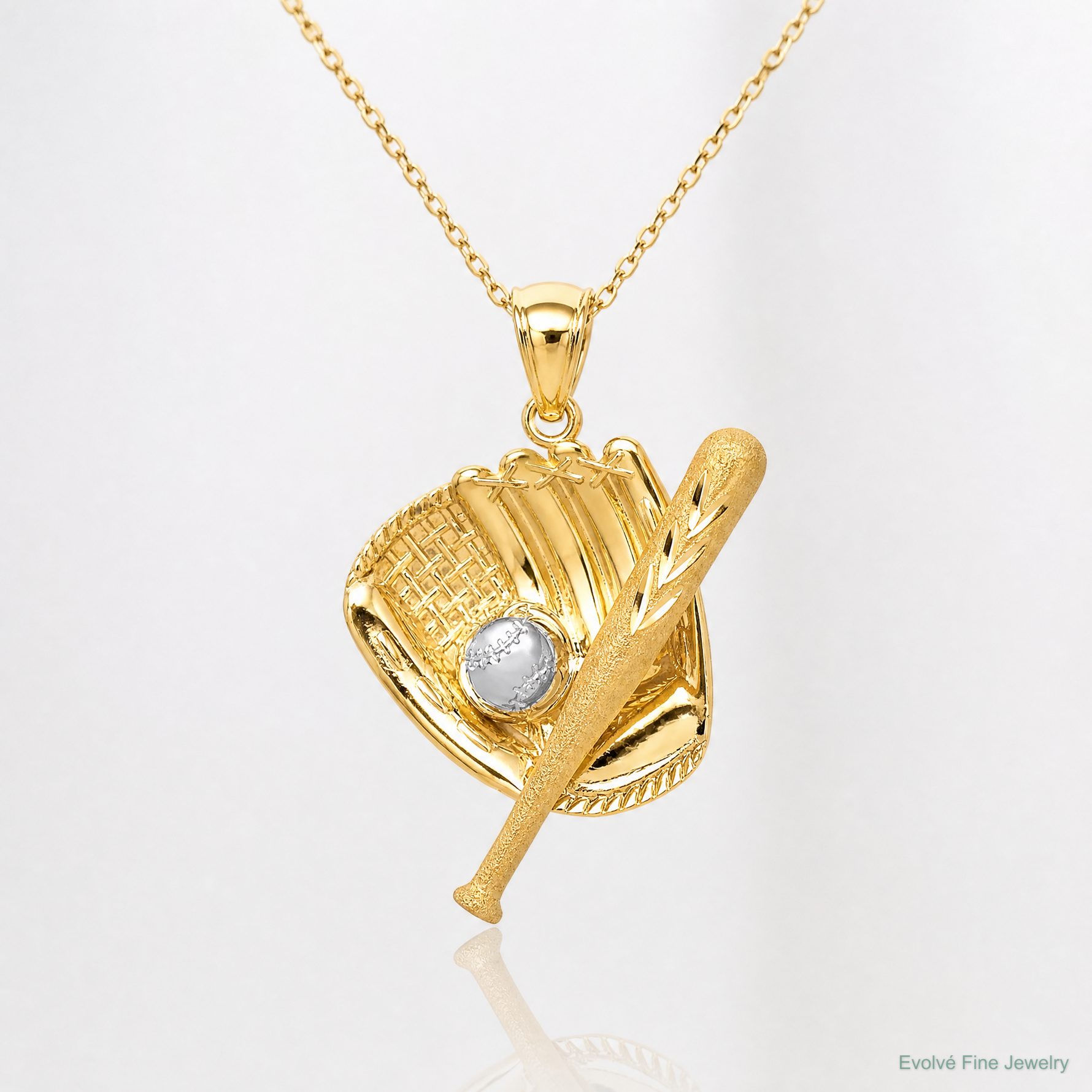 14K D/C White Rhodium Baseball Bat Glove Ball Pendant - Lifestyle View