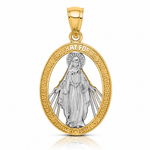 14K White Rhodium Polished Miraculous Medal Pendant - Lifestyle View