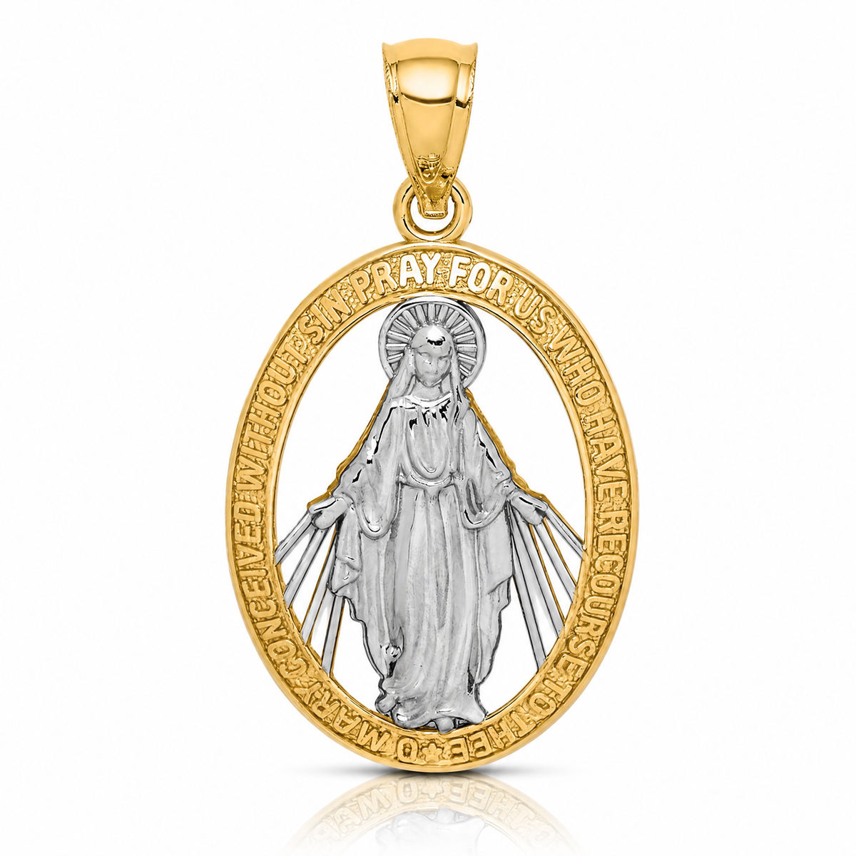 14K White Rhodium Polished Miraculous Medal Pendant - Lifestyle View