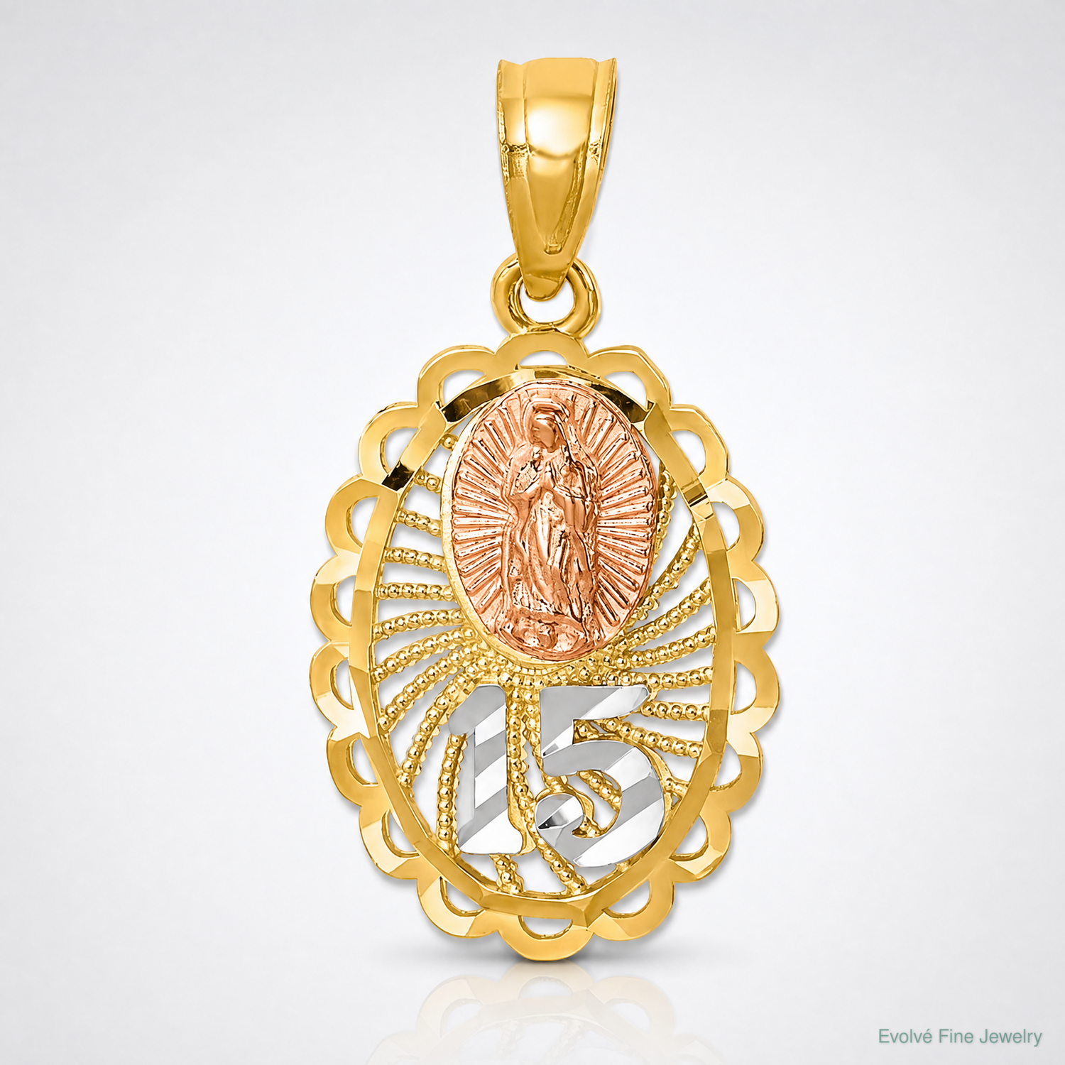14K Two-tone w/White Rhodium Lady of Guadalupe 15 Pendant - Lifestyle View