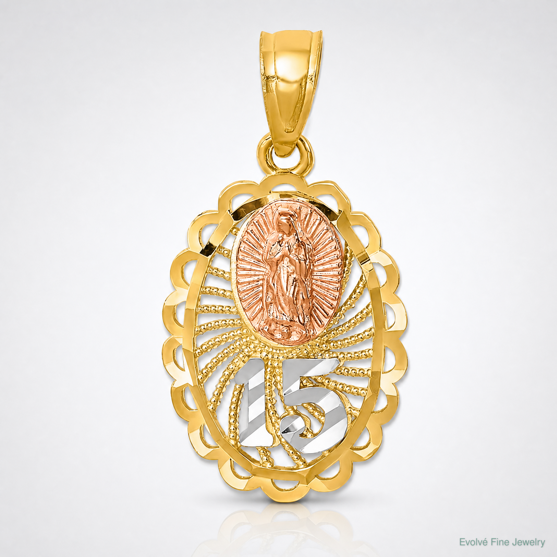 14K Two-tone w/White Rhodium Lady of Guadalupe 15 Pendant - Lifestyle View