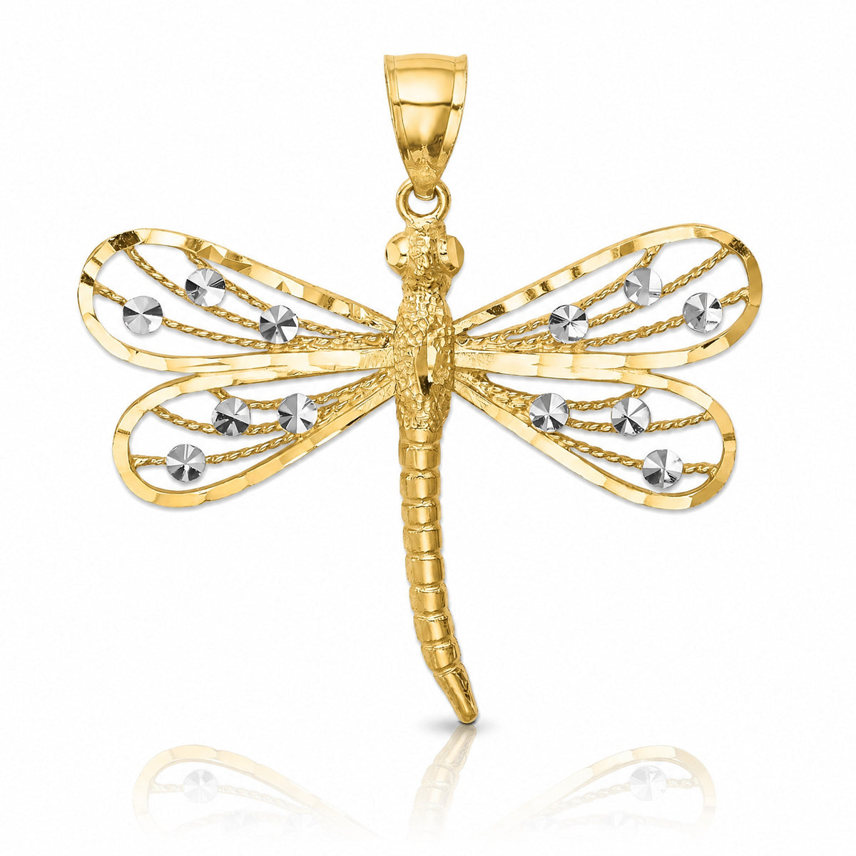 14K Diamond-cut White Rhodium Dragonfly Pendant - Lifestyle View