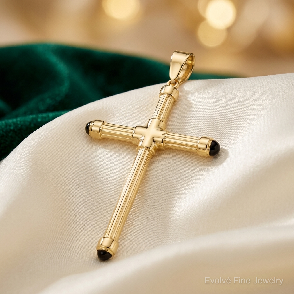 14K Polished with Black Onyx Cross Pendant - Lifestyle View