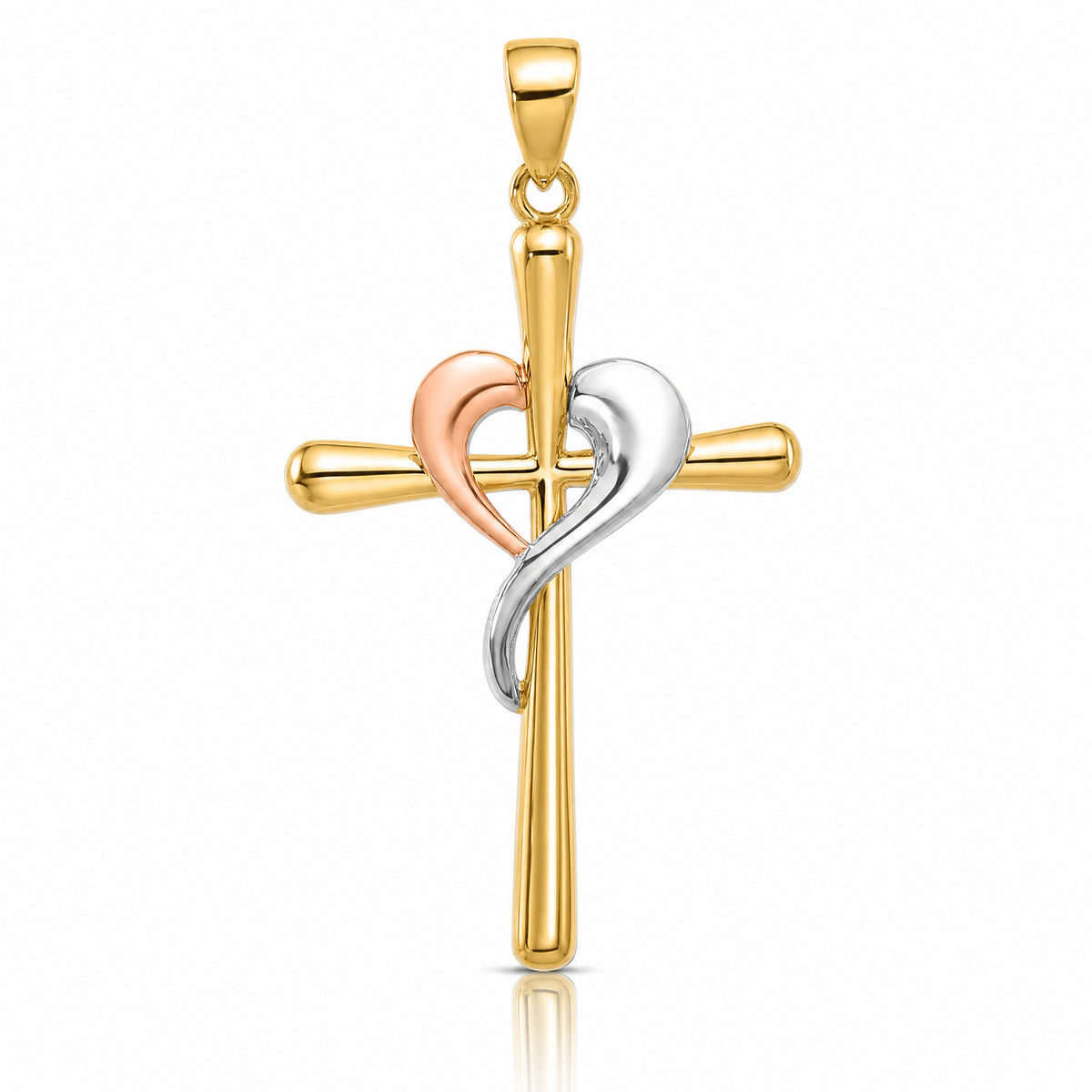 14K Two-tone with White Rhodium Polished Cross with Heart Pendant - Lifestyle View