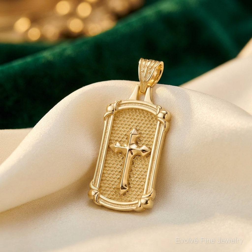 14K Polished and Textured Dog Tag Cross Pendant - Lifestyle View