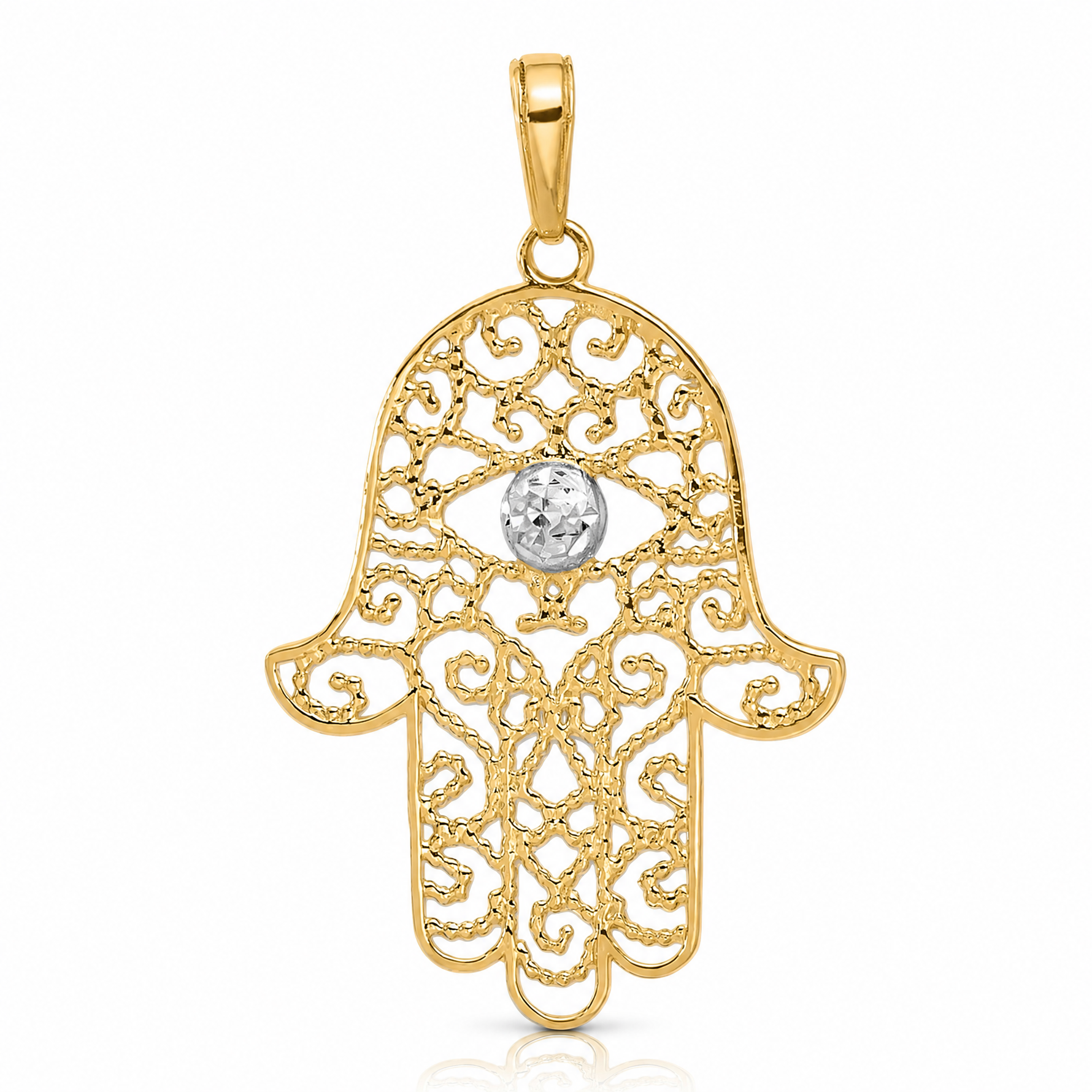14k and White Rhodium D/C Filigree Hamsa Pendant - Lifestyle View