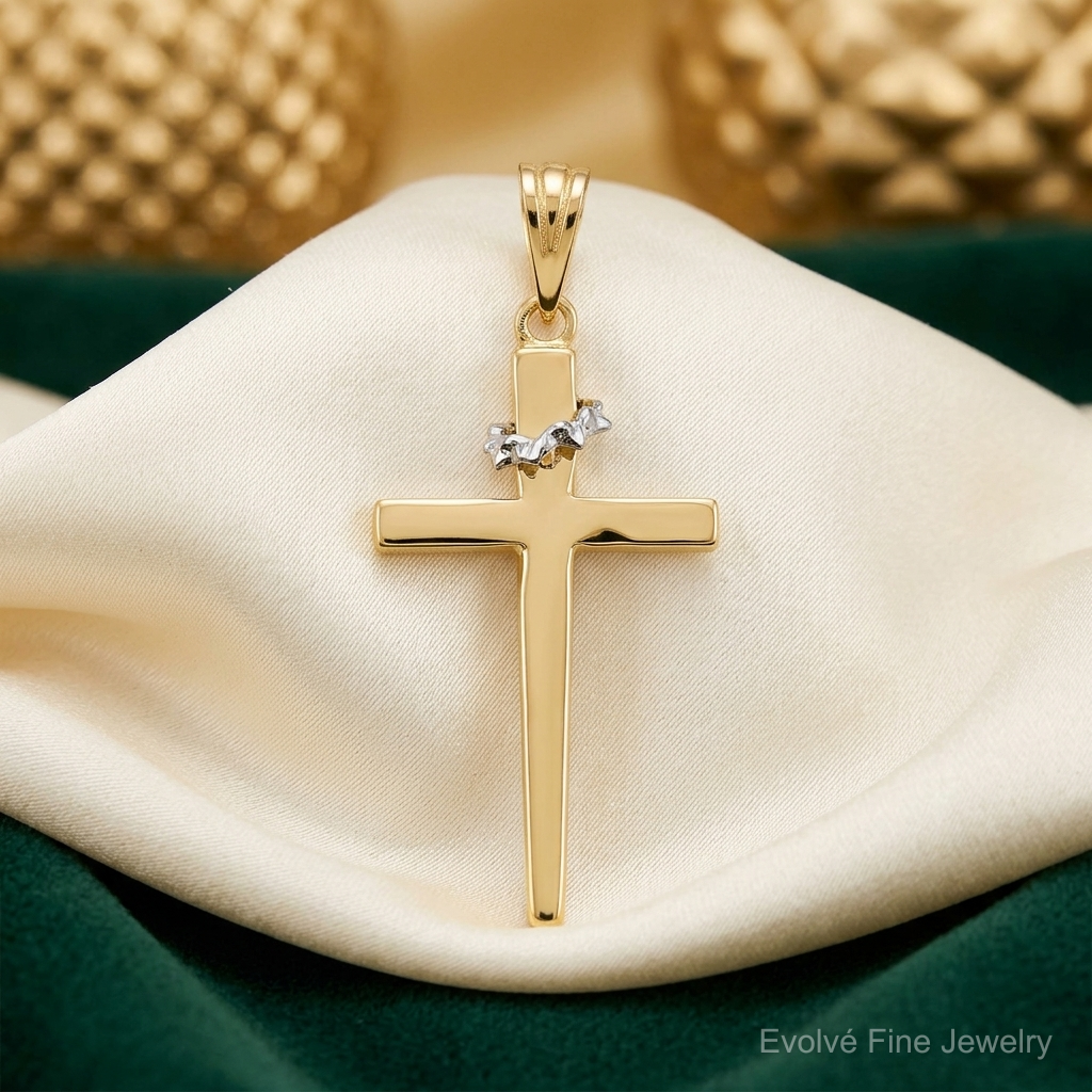 14K Two-Tone Cross w/Crown of Thorns Pendant - Lifestyle View