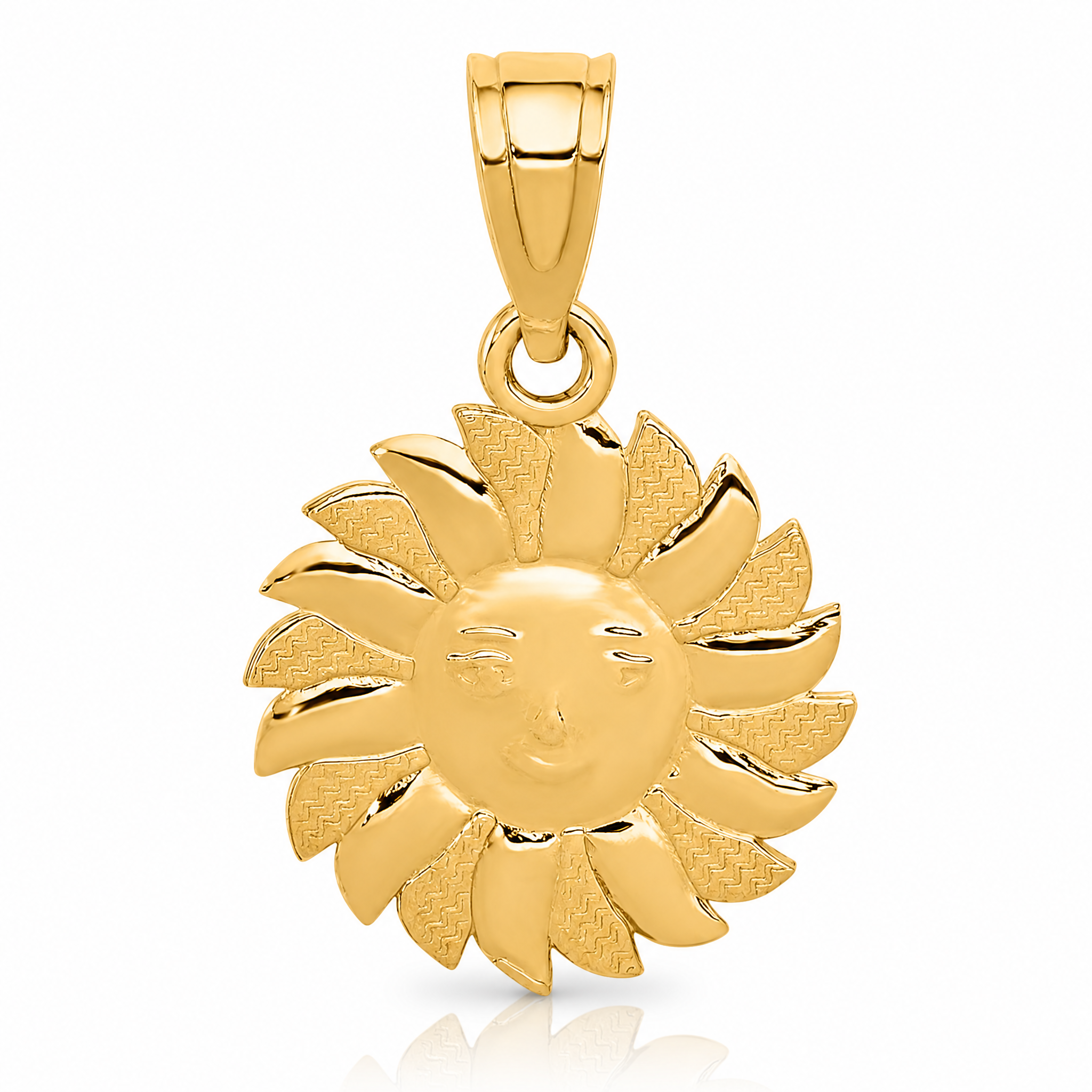 14k Polished Sun with Face Pendant - Lifestyle View