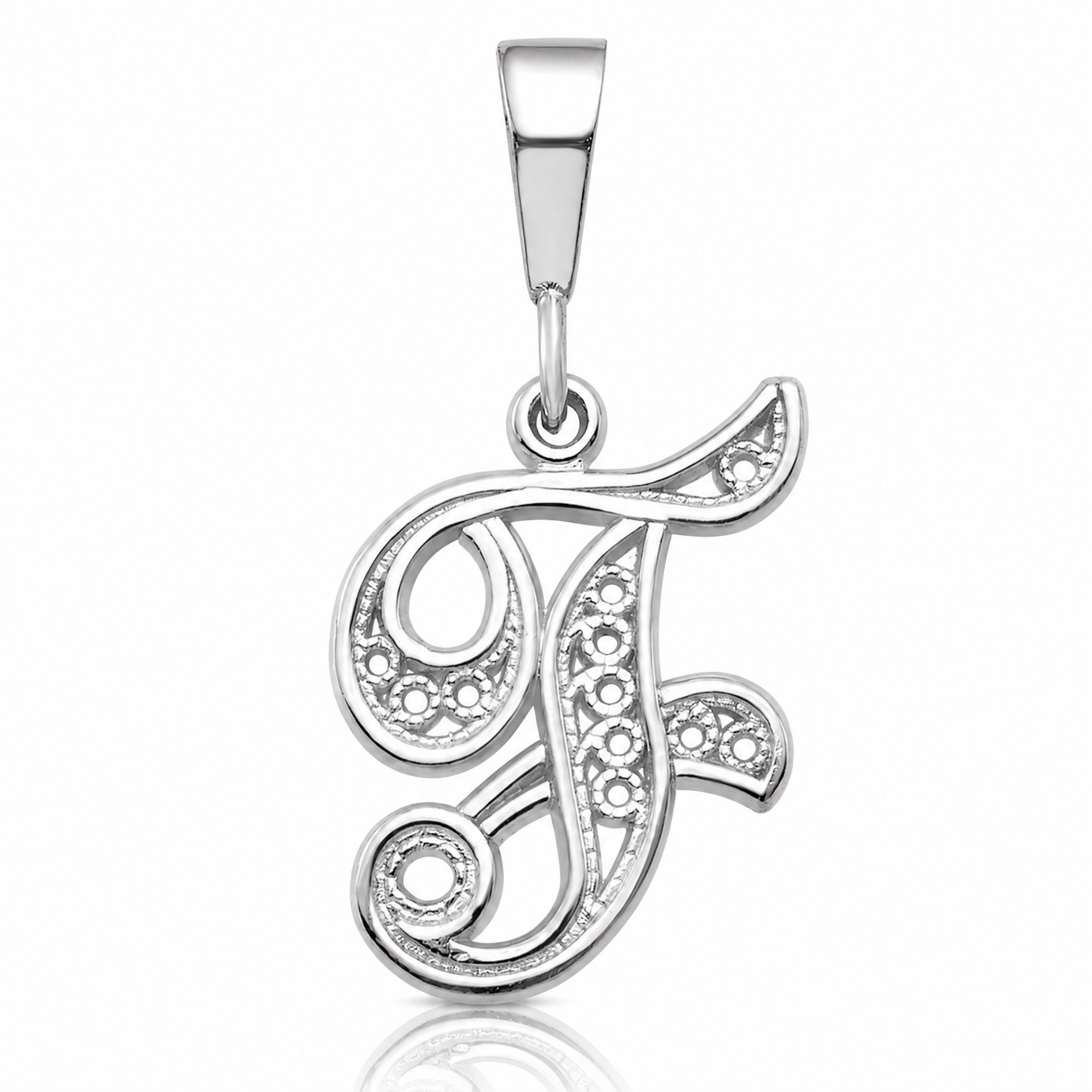 14KW White Gold Solid Polished Script Filigree Letter F Initial Pendant - Lifestyle View