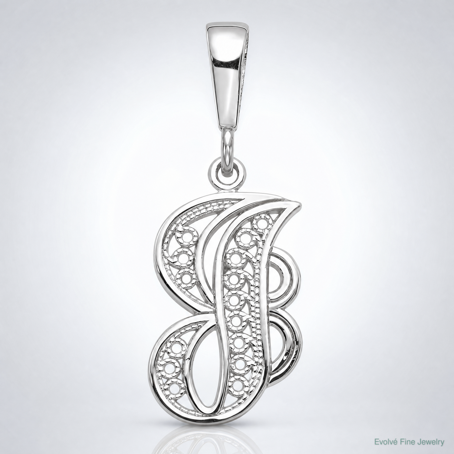 14KW White Gold Solid Polished Script Filigree Letter J Initial Pendant - Lifestyle View