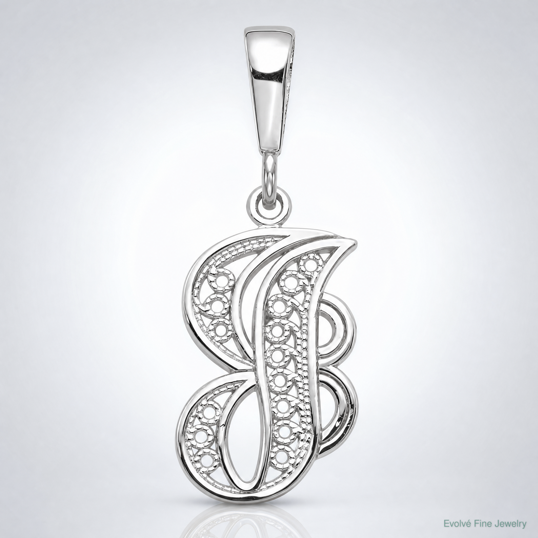 14KW White Gold Solid Polished Script Filigree Letter J Initial Pendant - Lifestyle View