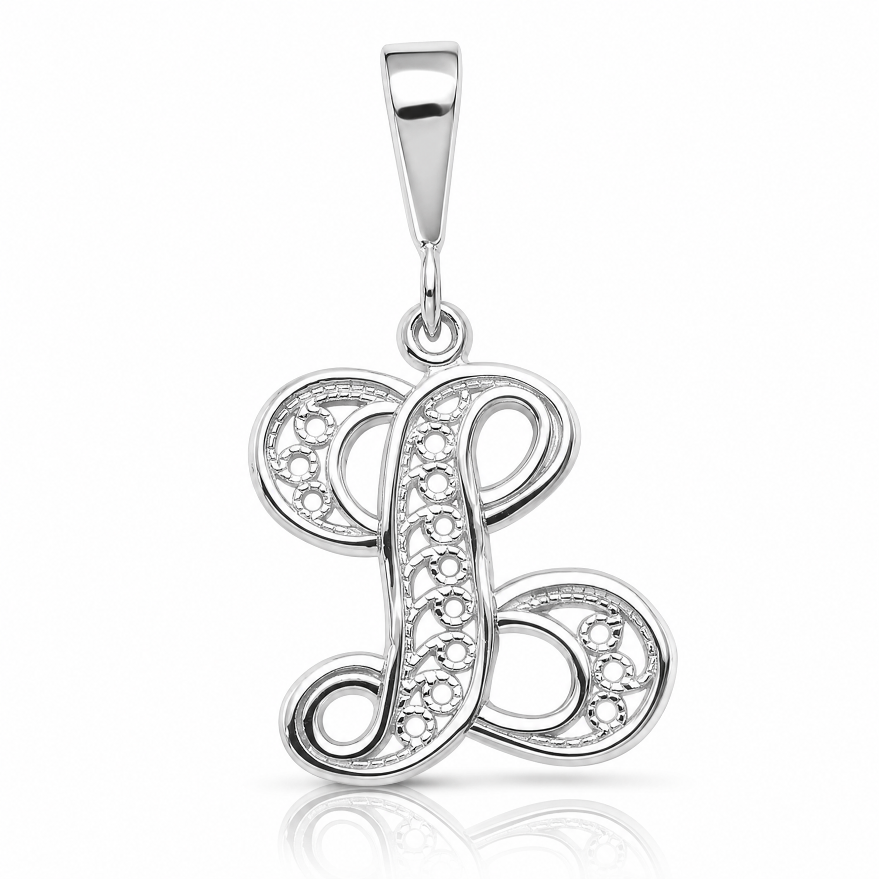 14KW White Gold Solid Polished Script Filigree Letter L Initial Pendant - Lifestyle View