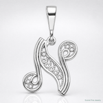 14KW White Gold Solid Polished Script Filigree Letter N Initial Pendant - Lifestyle View
