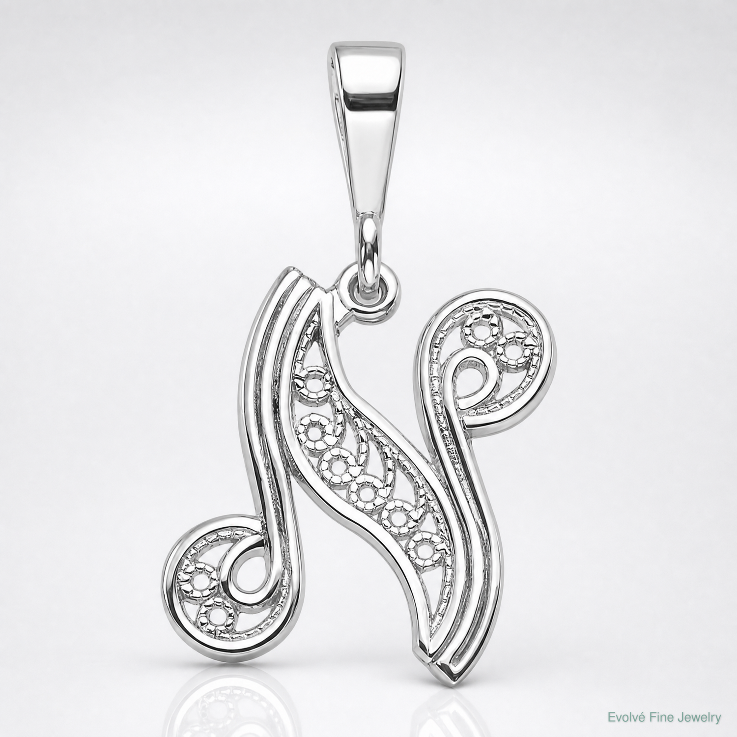 14KW White Gold Solid Polished Script Filigree Letter N Initial Pendant - Lifestyle View