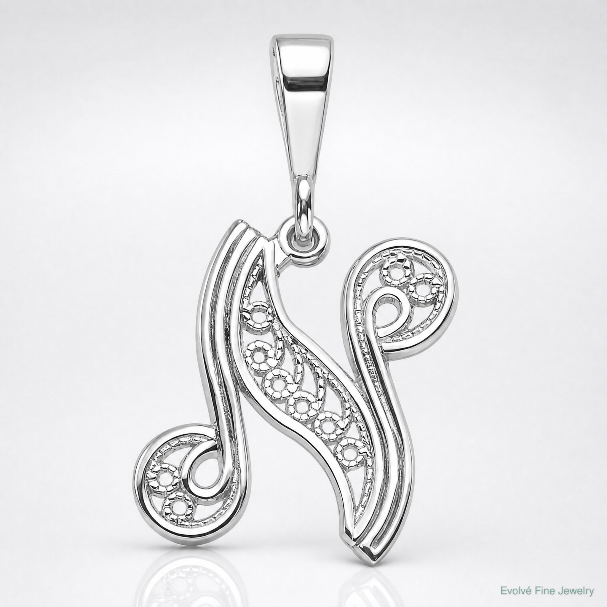 14KW White Gold Solid Polished Script Filigree Letter N Initial Pendant - Lifestyle View