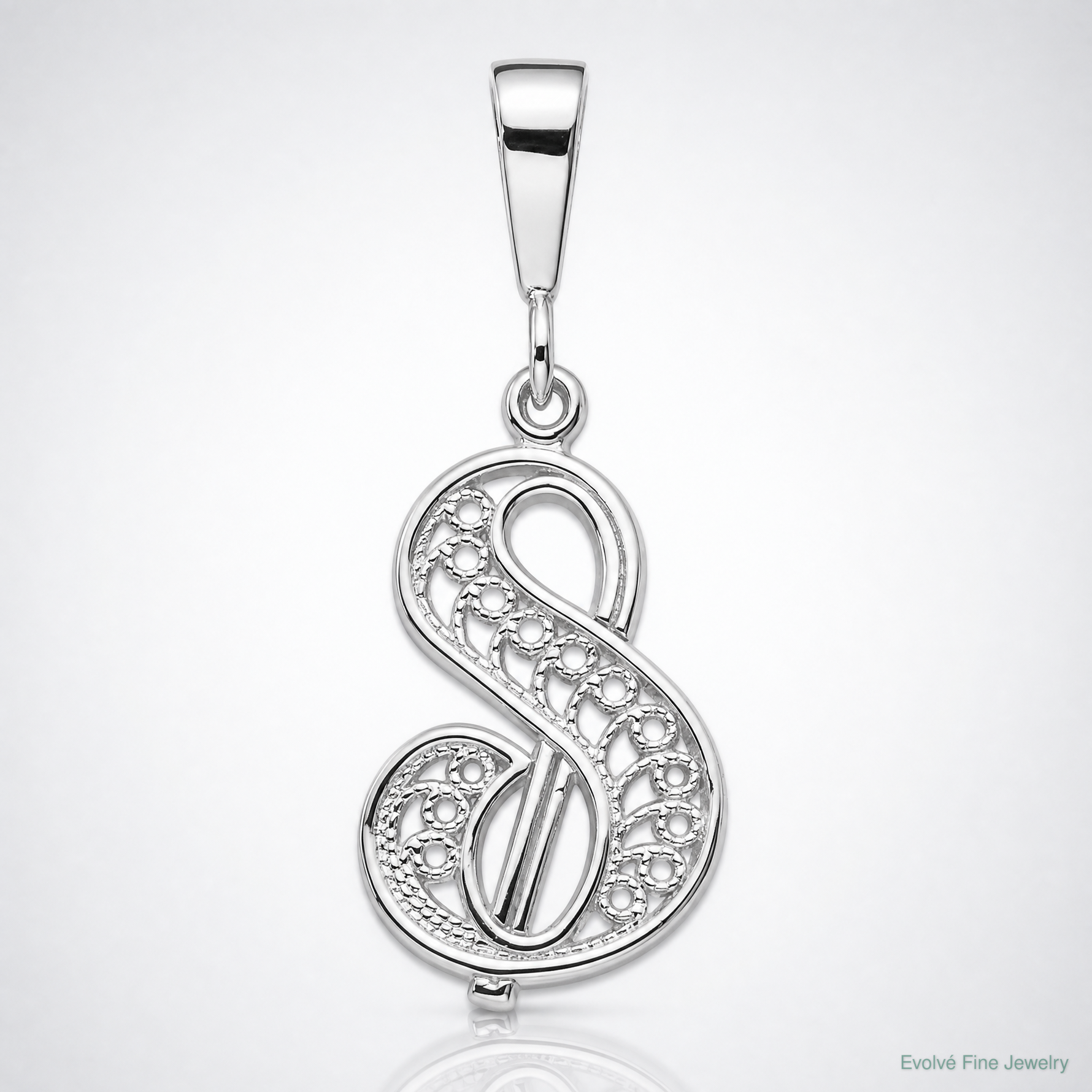 14KW White Gold Solid Polished Script Filigree Letter S Initial Pendant - Lifestyle View