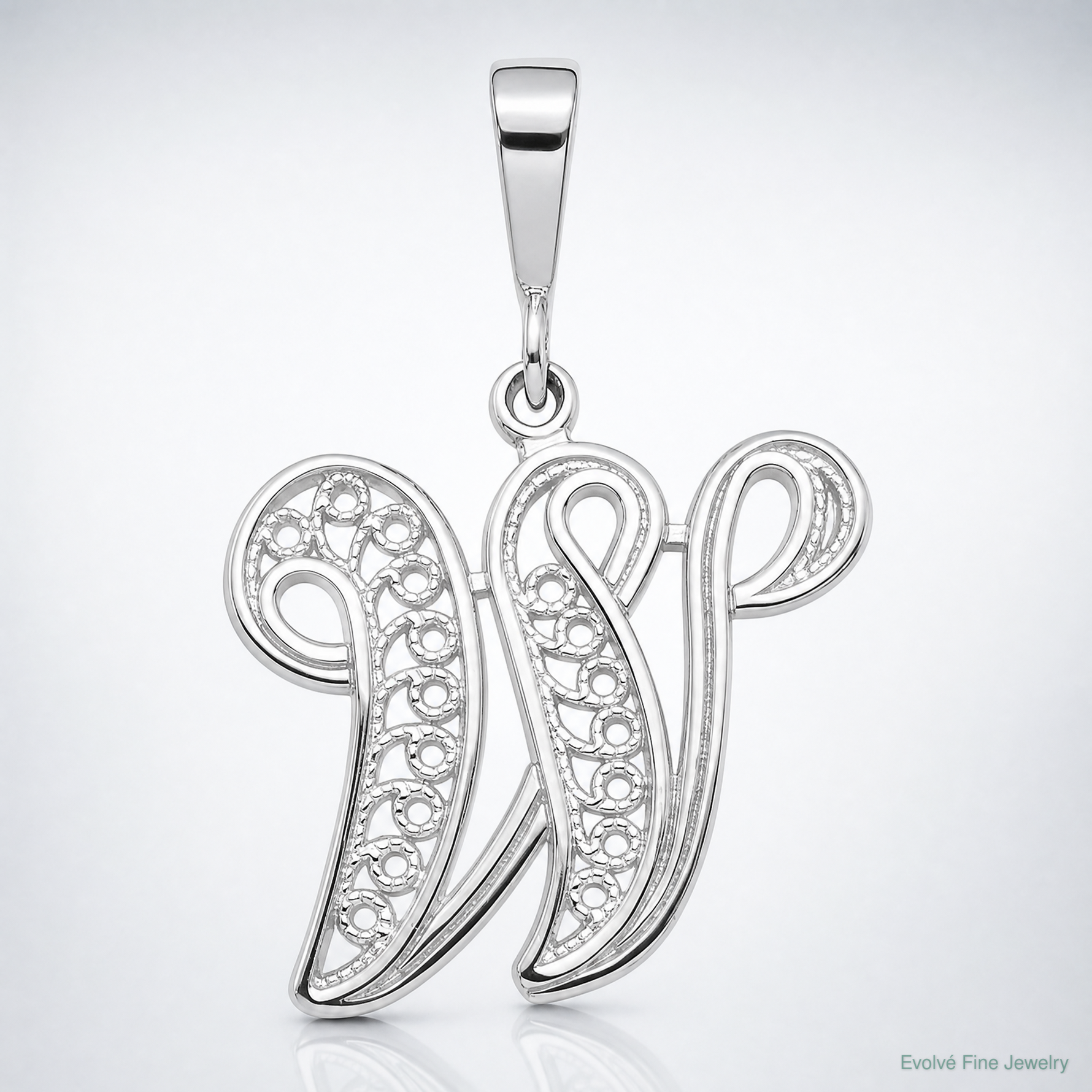 14KW White Gold Solid Polished Script Filigree Letter W Initial Pendant - Lifestyle View