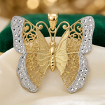 14k w/ Rhodium Solid Polished Diamond-cut Filigree Butterfly Pendant - Lifestyle View