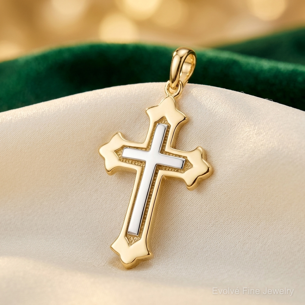 14k Two-tone Fleur De Lis Cross Pendant - Lifestyle View