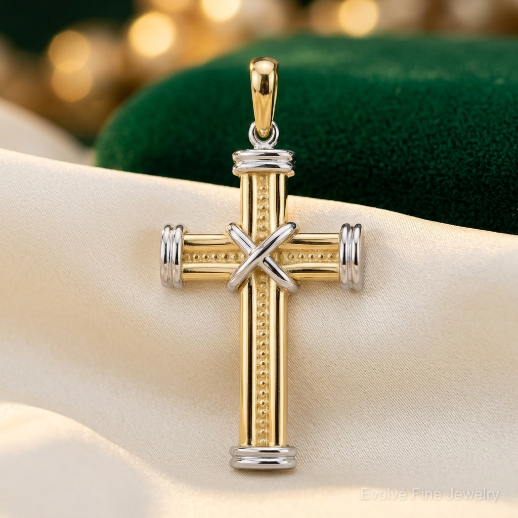 14k Two-tone Fancy Cross Pendant - Lifestyle View