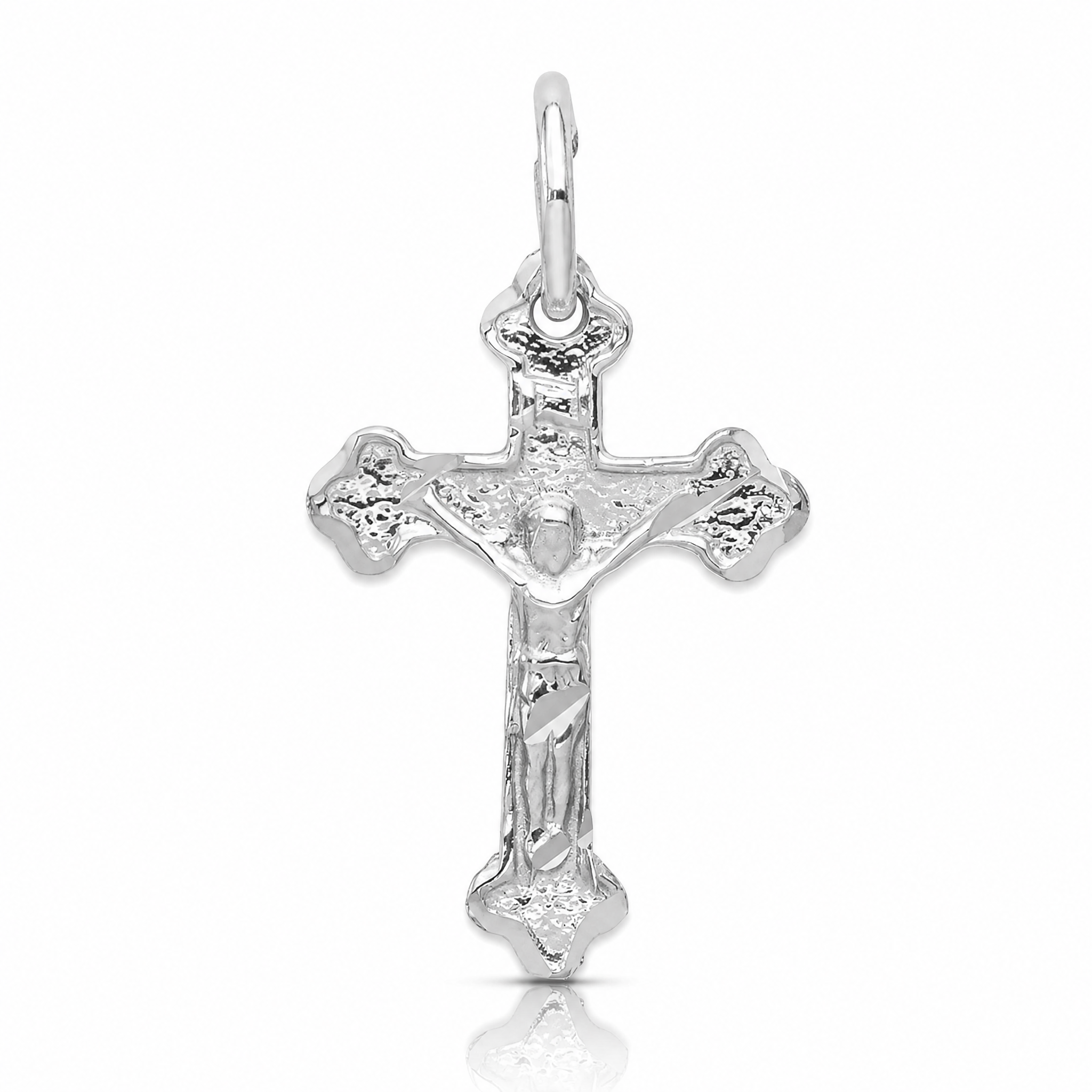 14k White Gold  Satin Diamond-cut Crucifix Charm - Lifestyle View