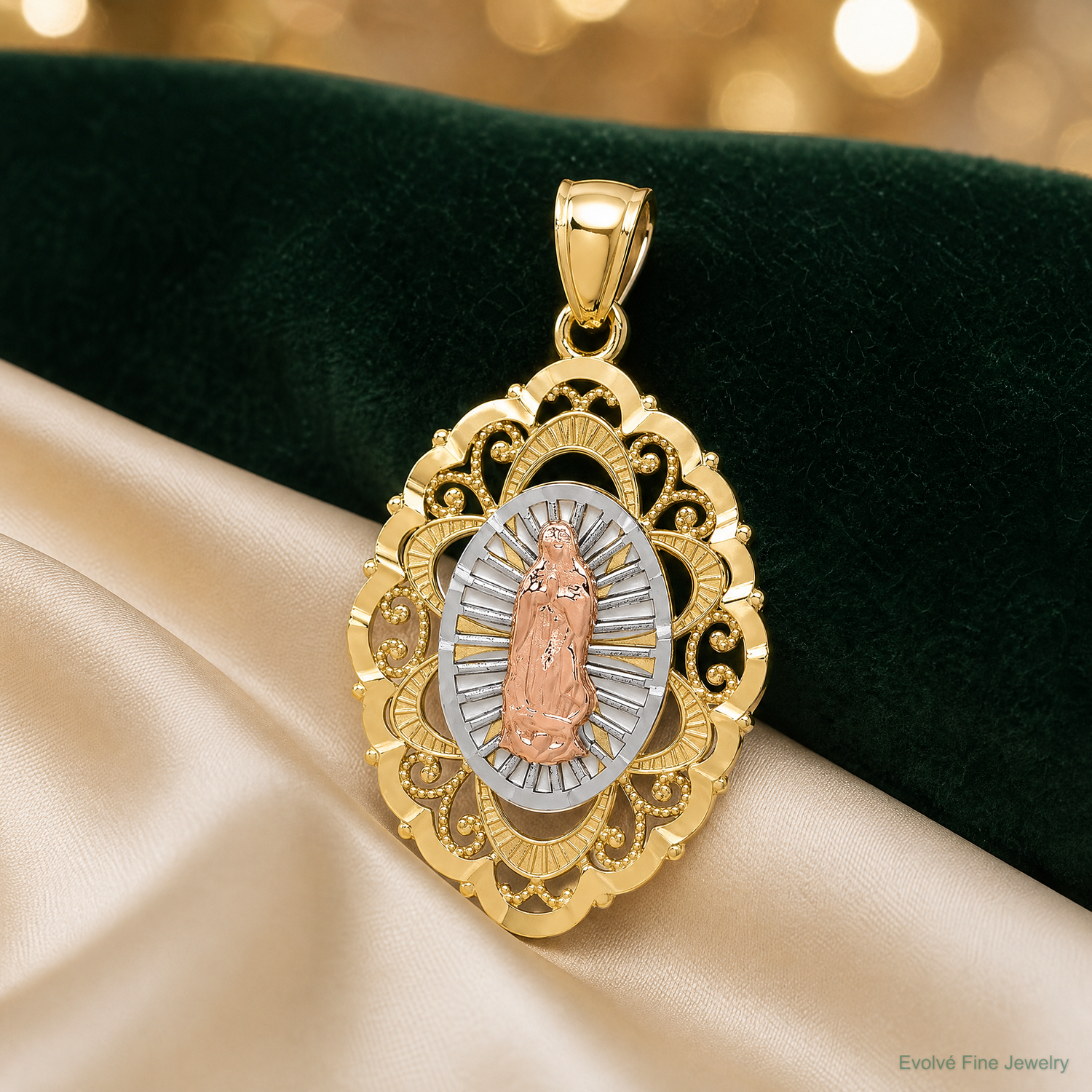 14k Tri-color Our Lady of Guadalupe Pendant - Lifestyle View