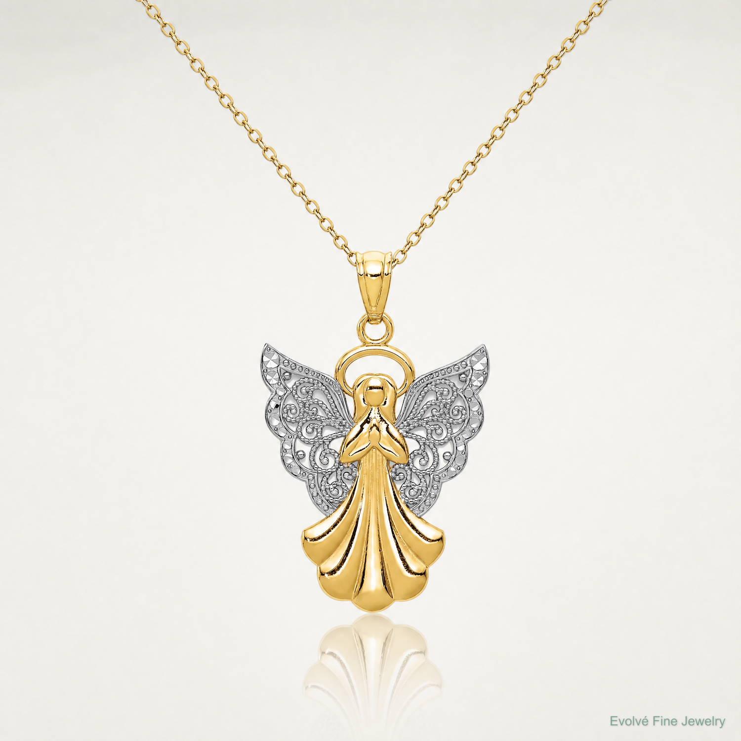 14k w/Rhodium Filigree Angel Pendant - Lifestyle View