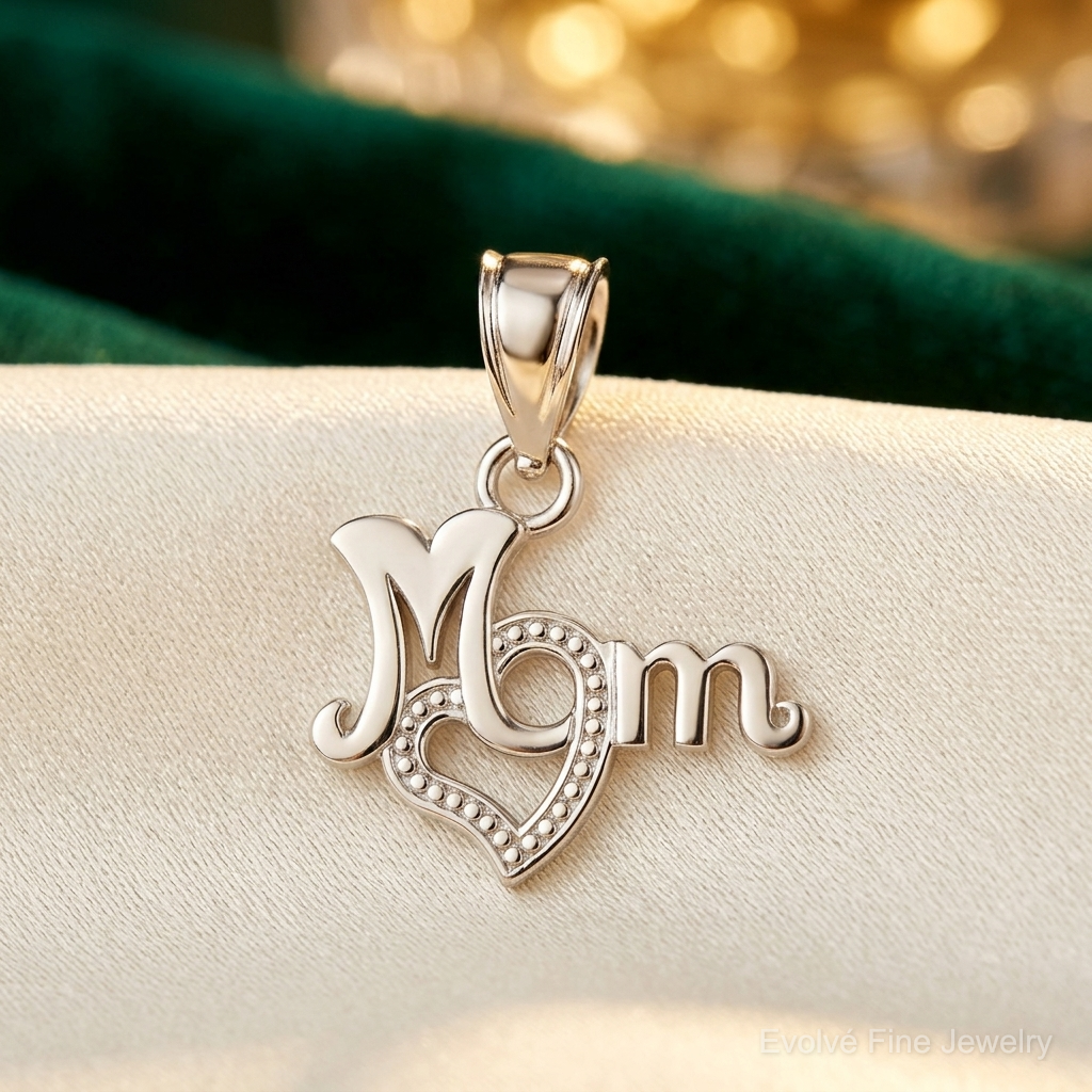 14K White Gold MOM with Heart Pendant - Lifestyle View