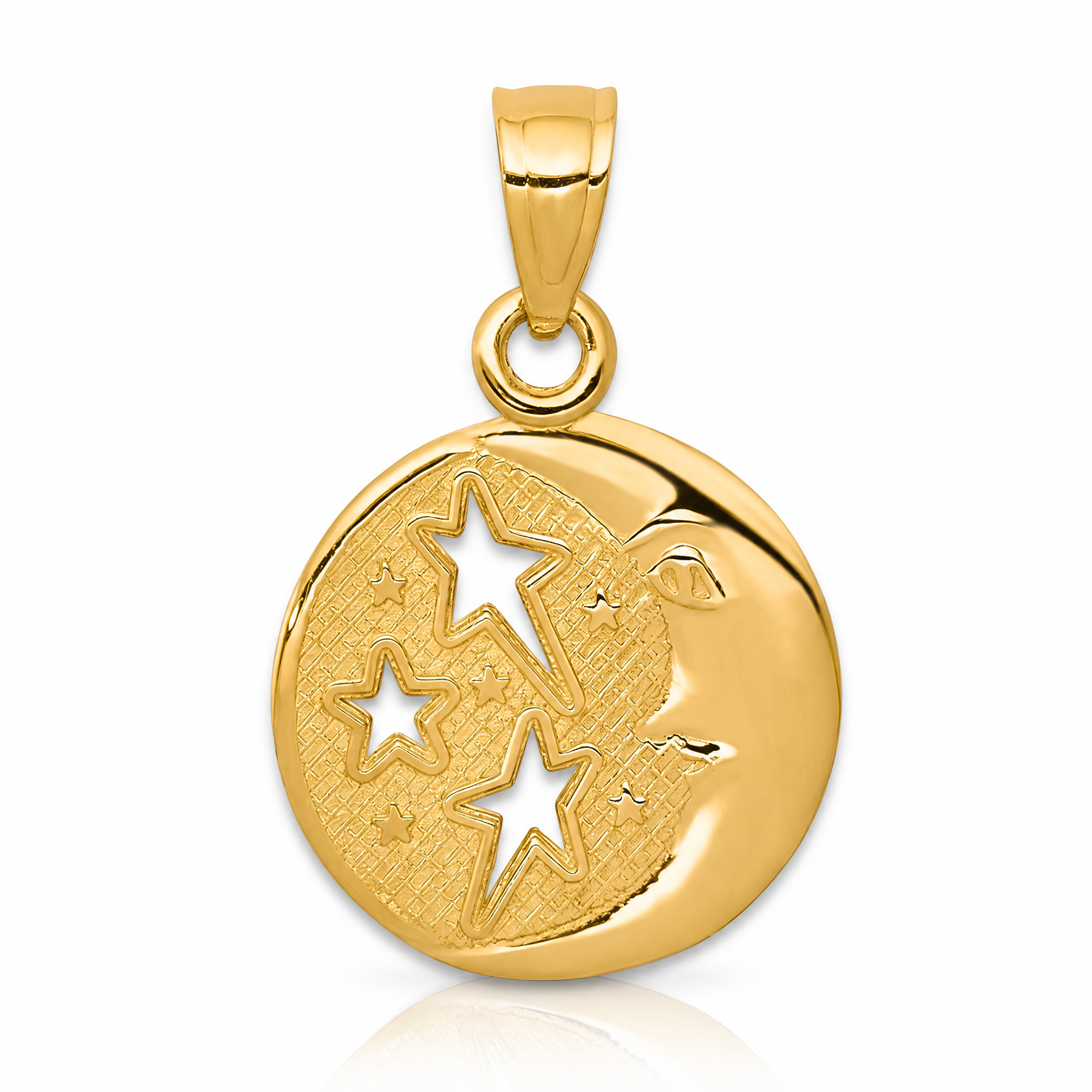 14k Polished Flat-Backed Moon with Three Stars Pendant - Lifestyle View
