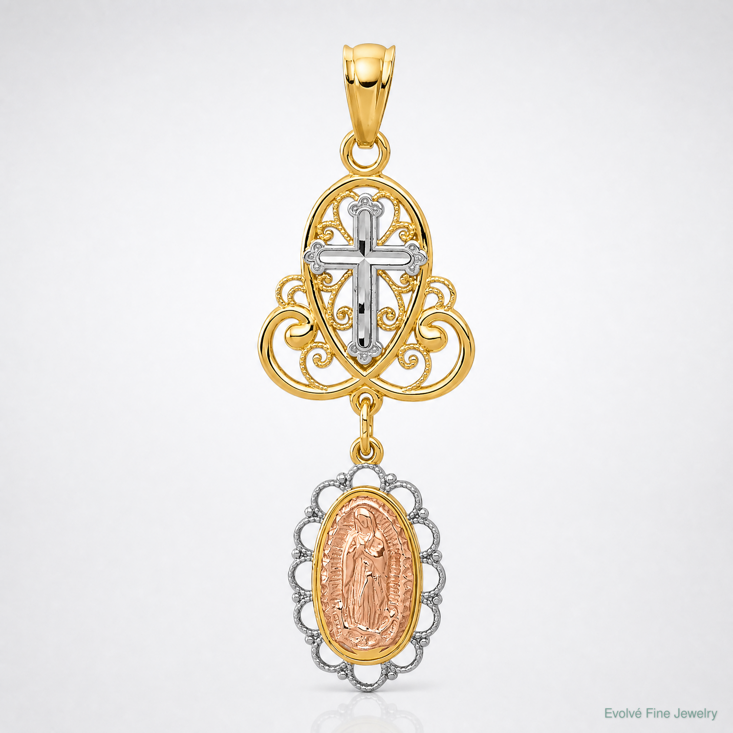 14K Two-Tone w/White Rhodium Lady Guadalupe Cross Pendant - Lifestyle View