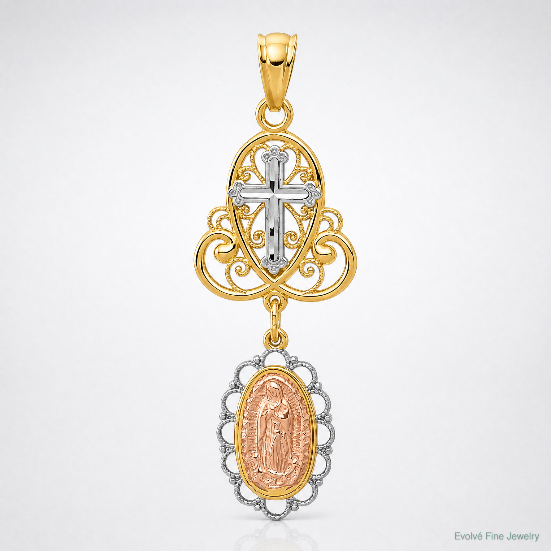 14K Two-Tone w/White Rhodium Lady Guadalupe Cross Pendant - Lifestyle View