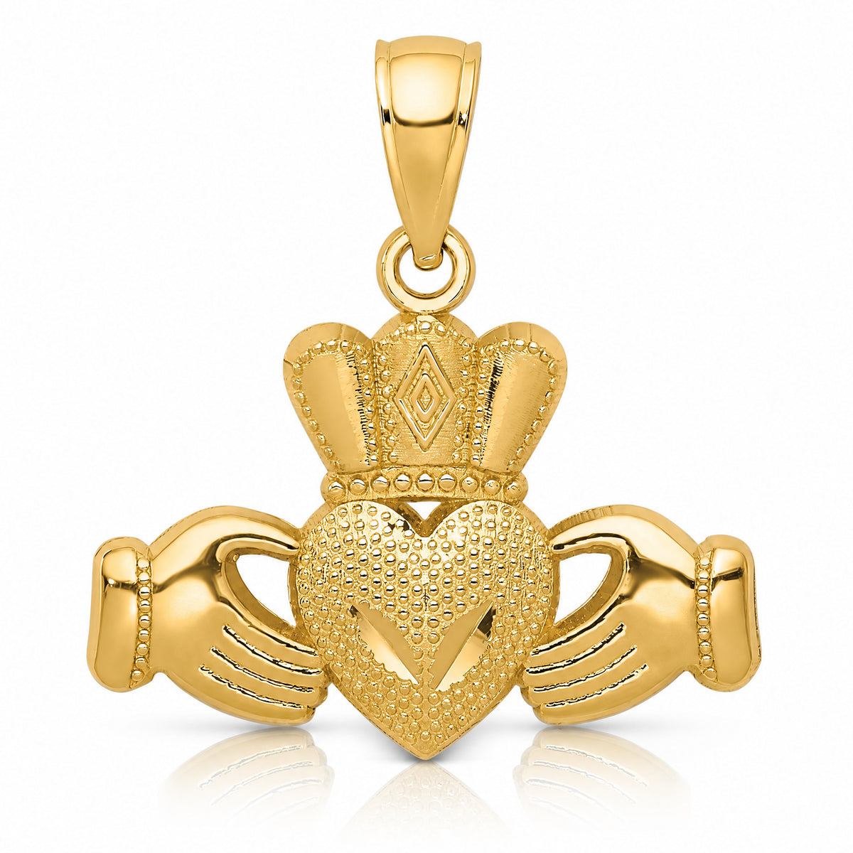 14k Polished/Textured Claddagh Pendant - Lifestyle View
